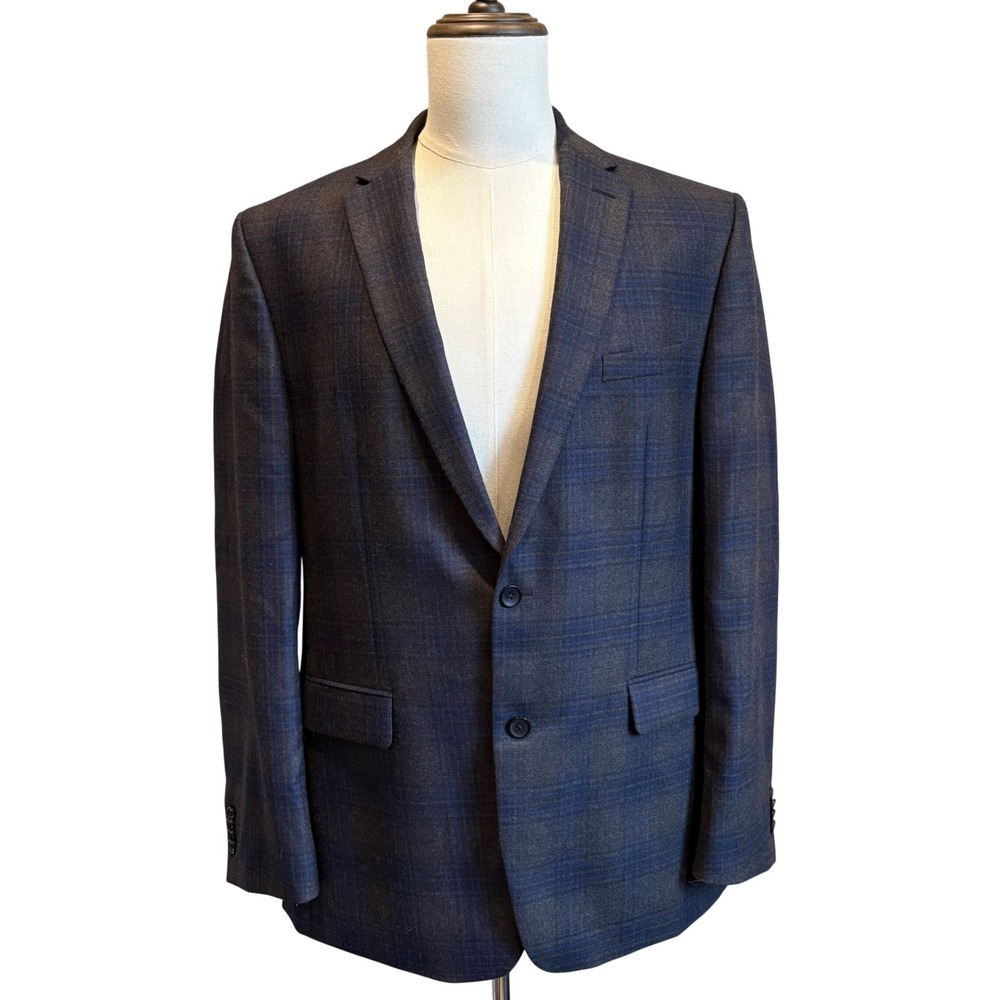 Vince Camuto Blazer 44L Navy Gray Glen Check Modern Fit 100% Wool Sport Coat NEW